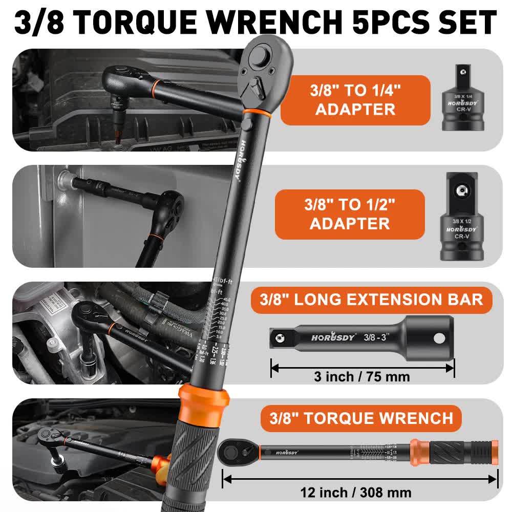 4Pc 3/8" Drive Click Torque Wrench Ratchet Socket Adaptor Extension WorkShop