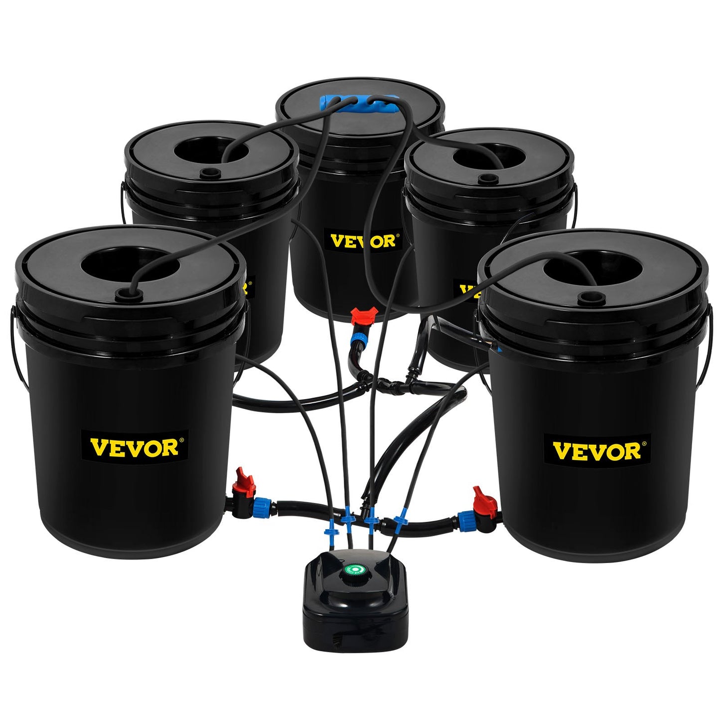 VEVOR DWC Hydroponic System, 5 Gallon 5 Buckets, Deep Water Culture Growing Bucket, Hydroponics Grow Kit with Pump, Air Stone and Connected Reservoir, for Indoor/Outdoor Leafy Vegetables