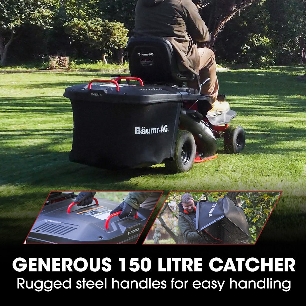 BAUMR-AG 24" Ride On Lawn Mower, Lithium Electric Start System, 6HP 224cc, 5 Cut Heights, Catcher and Mulch Kit