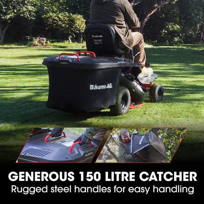 BAUMR-AG 24" Ride On Lawn Mower, Lithium Electric Start System, 6HP 224cc, 5 Cut Heights, Catcher and Mulch Kit