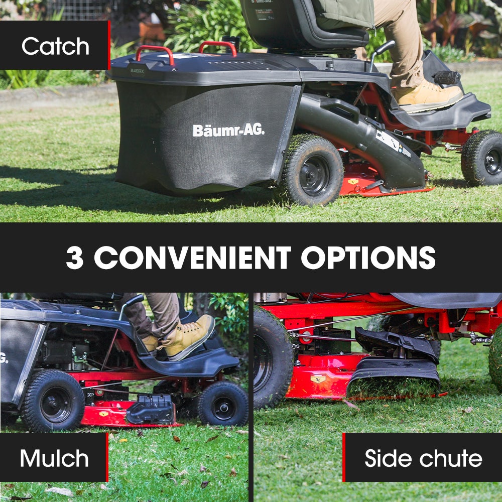 BAUMR-AG 24" Ride On Lawn Mower, Lithium Electric Start System, 6HP 224cc, 5 Cut Heights, Catcher and Mulch Kit