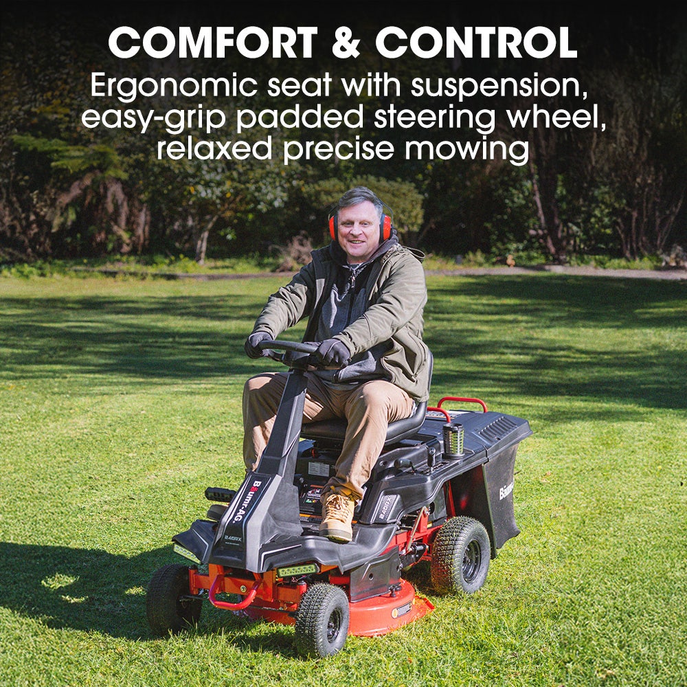 BAUMR-AG 24" Ride On Lawn Mower, Lithium Electric Start System, 6HP 224cc, 5 Cut Heights, Catcher and Mulch Kit