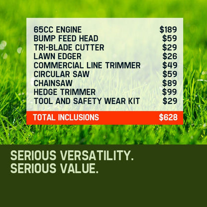 BAUMR-AG 65cc 7in1 Long Reach Garden Multi-tool, Pole Saw, Hedge & Line Trimmer, Brush Cutter, 12" Tree Trimming Pruning Chainsaw Bar, 2 Extension Shafts