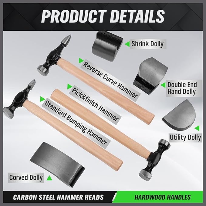 SWANLAKE TOOLS 7 Piece Auto Body Repair Kit, Auto Body Tools, Auto Body Repair Tools with Carbon Steel Hammer Heads (SW-66076)