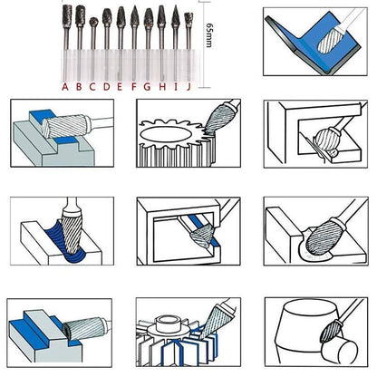 10PCS Tungsten Carbide Rotary Burr Set for Rotary Tools and Dremel - Plastic Box