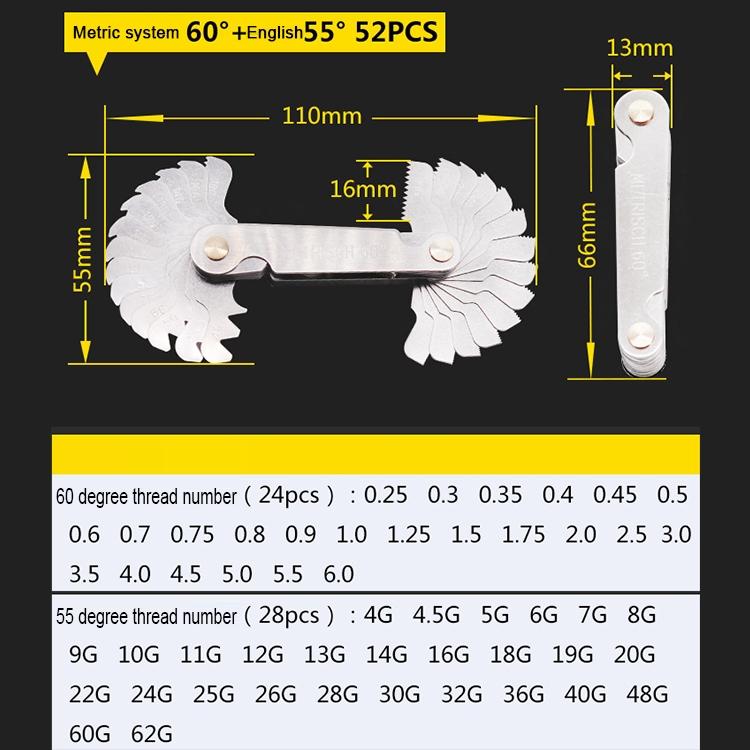 Stainless Steel Thread Gauge - 52 Pcs Metric & British 60 / 55 Degrees