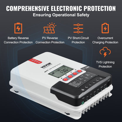 VEVOR 20A MPPT Solar Charge Controller, Auto DC Input, Solar Panel Regulator Charger with LCD Display Temperature Sensor Cable, for Sealed(AGM), Gel, Flooded and Lithium Battery Charging