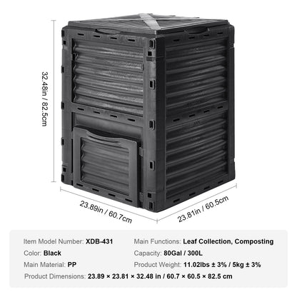 VEVOR Garden Compost Bin 300 L, BPA Free Composter, Large Capacity Outdoor Composting Bin with Top Lid and Bottom Door, Easy Assembling, Lightweight, Fast Creation of Fertile Soil