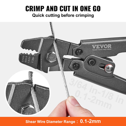 VEVOR Crimping Tool, Up To 2.2mm Wire Rope Crimping Tool, Crimping Loop Sleeve Kit with a Cable Cutter and 160pcs Aluminum Buckles, Teflon Coating Anti-Rust Fishing Crimping Tool