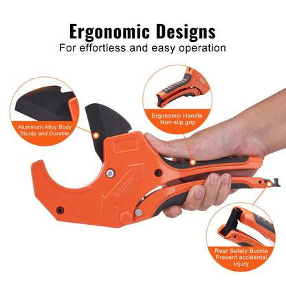 VEVOR PVC Pipe Cutter, 0-2-1/2" O.D. Ratcheting PVC Pipe Cutter, Heavy Duty Tube Cutting Tool with Spare SK5 Blade for PVC, CPVC, PP-R, PEX, PE, Rubber Hoses