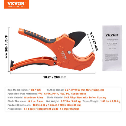 VEVOR PVC Pipe Cutter, 0-2-1/2" O.D. Ratcheting PVC Pipe Cutter, Heavy Duty Tube Cutting Tool with Spare SK5 Blade for PVC, CPVC, PP-R, PEX, PE, Rubber Hoses