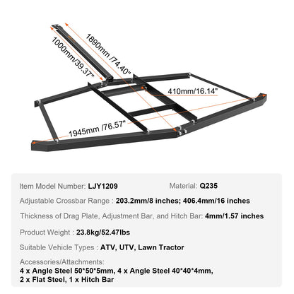 VEVOR Driveway Drag, 76.57" Width Tow Behind Drag Harrow, Q235 Steel Driveway Grader with Adjustable Bars, Support up to 50 lbs, Driveway Tractor Harrow for ATVs, UTVs, Garden Lawn Tractors