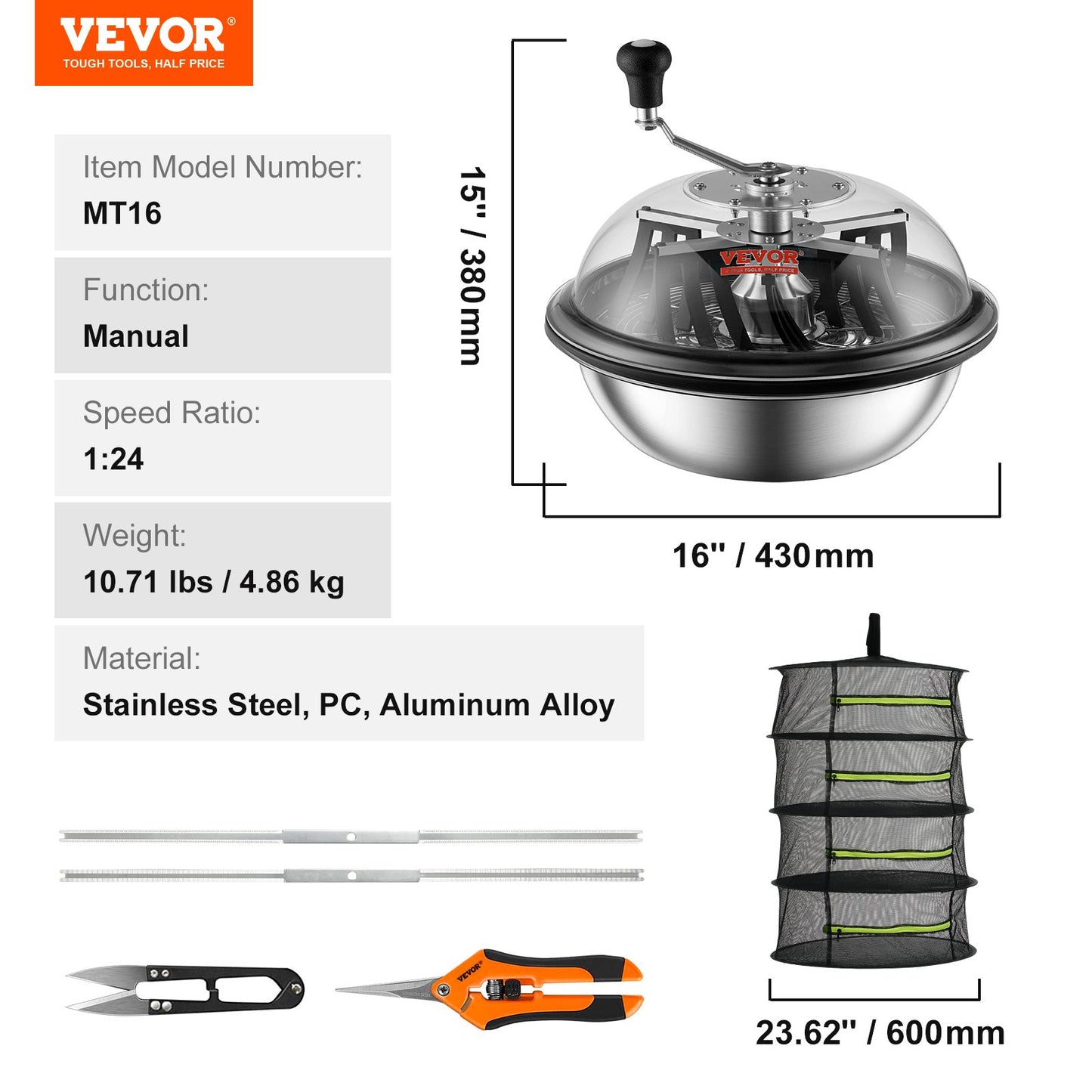 VEVOR Leaf Bowl Trimmer 16'' Manual Bud Trimmer with Stainless-Steel Blades