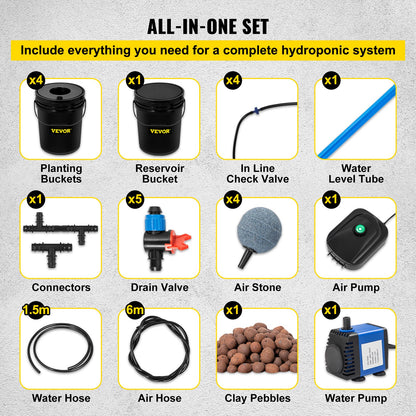 VEVOR DWC Hydroponic System, 5 Gallon 5 Buckets, Deep Water Culture Growing Bucket, Hydroponics Grow Kit with Pump, Air Stone and Connected Reservoir, for Indoor/Outdoor Leafy Vegetables