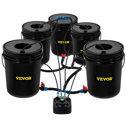 VEVOR DWC Hydroponic System, 5 Gallon 5 Buckets, Deep Water Culture Growing Bucket, Hydroponics Grow Kit with Pump, Air Stone and Connected Reservoir, for Indoor/Outdoor Leafy Vegetables