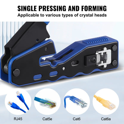 VEVOR RJ45 Crimp Tool Kit, Cat5e/Cat6/Cat6a Ethernet Crimper Crimp Pliers for 8-Pin Modular Plugs with 20pcs Pass-Through Connectors and Covers, Wire Stripper and Network Tester