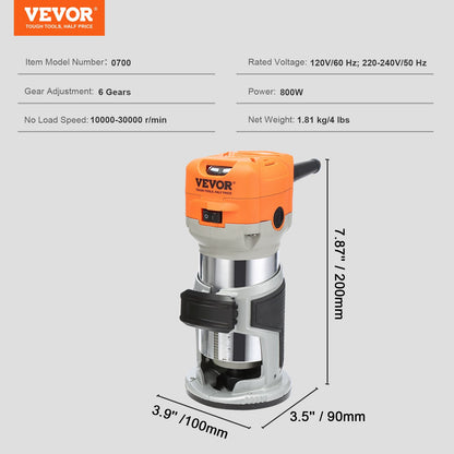 VEVOR Wood Router, 1.25HP 800W, Compact Wood Trimmer Router Tool, 30000RPM Max Speed 6 Variable Speeds, with 1/4'' & 5/16'' Collets 12 PCs Milling Cutters Dust Hood, for Woodworking Slotting Trimming