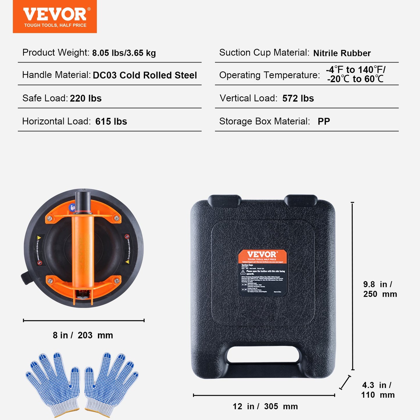 VEVOR Glass Suction Cup, 203 mm 2 Pack 278 kg Capacity, Vacuum Suction Cup with Steel Handle & Carry Box, Heavy Duty Industrial Suction Cup Lifter Tool for Glass, Granite, Tile, Metal, Wood Lifting
